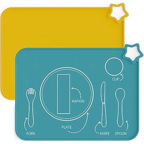 Moonkie Silicone Placemats for Baby & Kid, Stain-Proof Non-Slip Toddler Food Mats Eating Table Mat with 2 Packs
