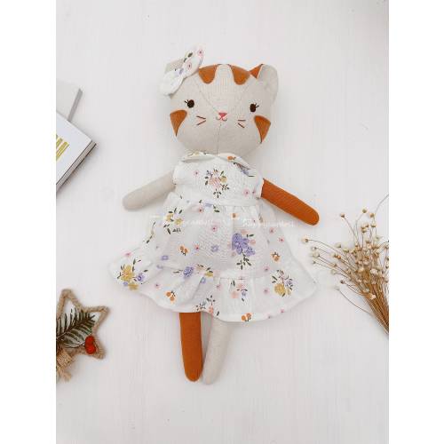 Handcrafted cat doll with floral dress heirloom stuffed animals vintage unique dress for doll