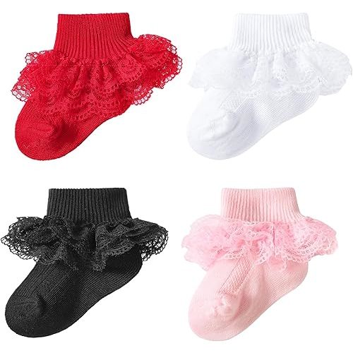 Baby Girls Ruffle Socks, Infant Girls Double Lace Frilly Socks Newborn Spring and Autumn Thin Dress Turn Cuff Sock