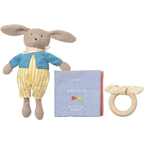 Manhattan Toy Petit Artiste Bunny Doll, Soft Book, & Wooden Teether Baby Soothing Gift Set Medium