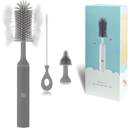 Electric Baby Bottle Brush Set with Rechargeable Electric Bottle Cleaner, Silicone Bottle Brush, Nipple Brush,Straw Cleaner Brush. Waterproof spinning bottle brush,Essential cleaning tools,(Grey) - Gray