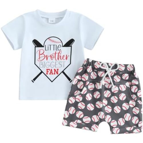 Gueuusu Toddler Baby Boy Baseball Outfit Little Brother Biggest Fan Short Sleeve T Shirt Baseball Short Set Summer Clothes