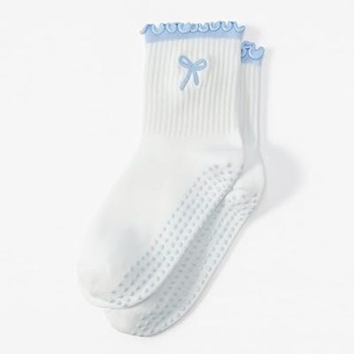 Jeyiour Women Cute Pilates Socks Bow Nonslip Ruffle Yoga Socks with Grip Barre Pilates Gift for Work Dance Fitness