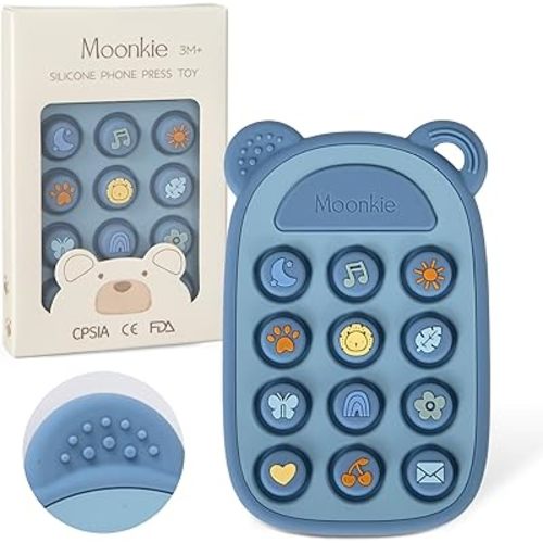 Moonkie Silicone Press Phone Teething Toy for Baby 3 Months+ | Soft BPA-Free Teether with Icon & Number Pop Bubbles | Ideal Gift for Baby Boys
