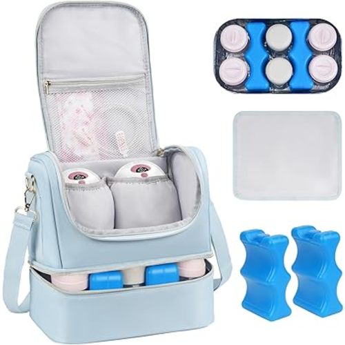 Wearable Breast Pump Bag with Cooler Compartment Fits for Willow/Elvie/Momcozy M5/S12 Pro/Medela, Breast Milk Travel Tote Bag with Ice Pack & Waterproof Mat,Blue