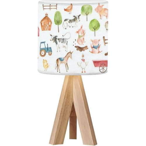 Tripod Bedside Desk Table Lamp Watercolor Farm Animals Hen Cow Horse Chicken red Green Blue for Baby Wood Nightstand Lamp with Linen Fabric Shade for Nursery Bedroom Living Room Kids Room