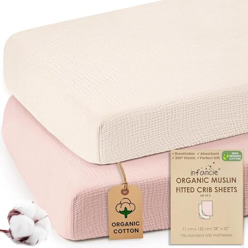 100% Organic Cotton Muslin Crib Sheets (Set of 2) – Soft & Breathable Fitted Sheets for Boys and Girls, Neutral Colors – Fits Standard Baby Crib Mattress (28 x 52 Inches) (Peach/Ivory)