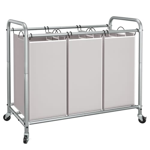 STORAGE MANIAC 3 Section Laundry Sorter, Laundry Hamper with Wheels, Gray | 35.6 Gal (135 L) Rolling Laundry Cart with Heavy Duty Lockable Wheels and Removable Bags, Separator Clothes Organizer Basket