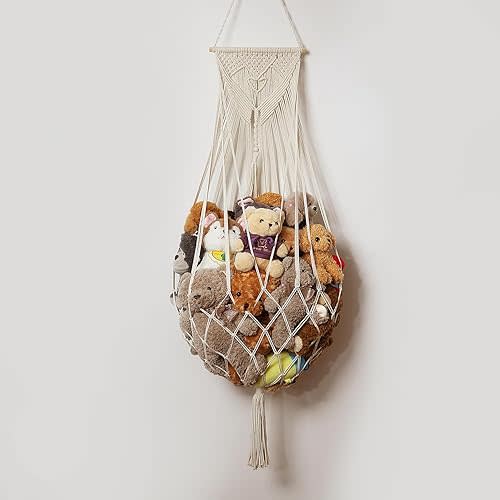 Stuffed Animal Net or Hammock Wall Hanging Net Over Door Organizer for Stuffies Plush Toy Storage Boho Macrame Toy Display Nursery Bedroom Decor Stuffy Animal Toy Organizer (Cream)