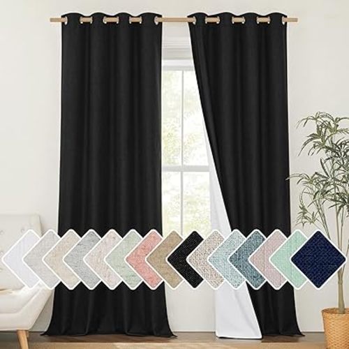 NICETOWN Black Out Linen Curtains, Complete Blackout Shades for Large Window Door, 100% Blackout Window Curtain Panels with White Lined, 52 inches Width Each Panel, 95 inches Length, 2 Pieces