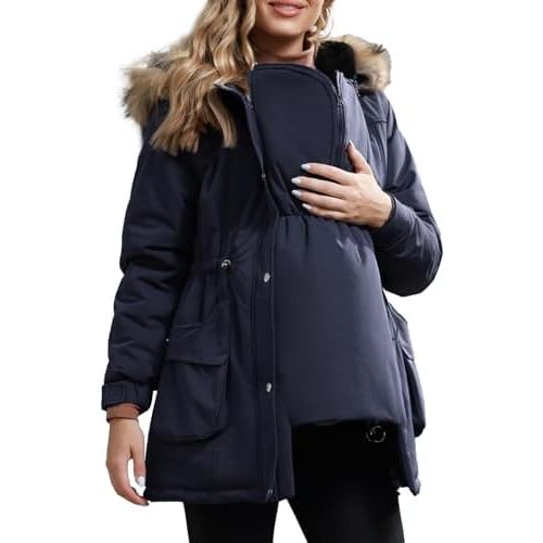 Maacie Maternity Winter Coat,3 In 1 Thickened Jacket,Fleece Lined Warm Hooded Outwear With Pockets