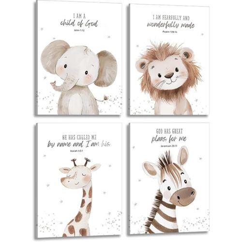 4Pcs Nursery Bible Verse Animal Canvas Wall Art Funny Cute Safari Animals Christian Painting Picture Wall Decor Lions Elephant Giraffe Zebra Poster Print Artwork for Boys and Girls Home Decoration