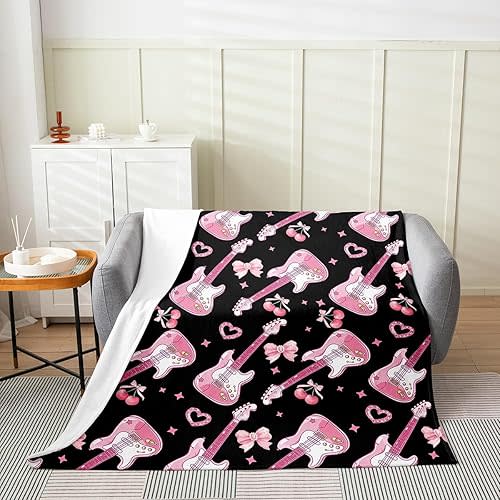 Black and Pink Fleece Guitar Baby Blanket