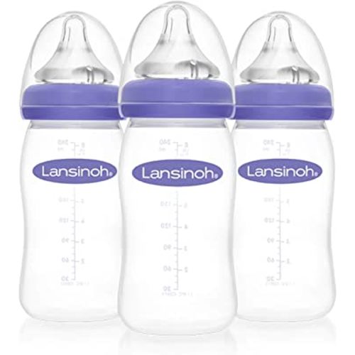 Lansinoh Baby Bottles for Breastfeeding Babies, 8 Ounces, 3 Count, Includes 3 Medium Flow Nipples (Size 3M)