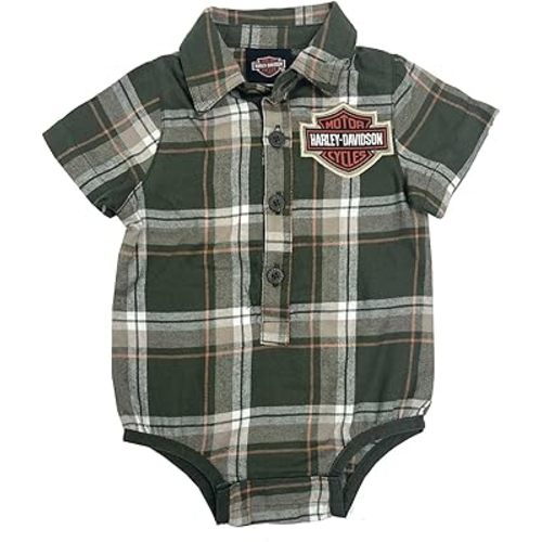 Harley-Davidson Baby Boys' Bar & Shield Newborn Plaid Shirt Creeper – Green