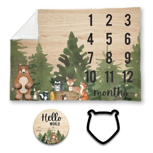 Woodland Baby Monthly Milestone Blanket w/Birth Stat, 30x40", Animal Forest Nursery Decor, Soft Minky Fabric, Baby Shower Gifts, Baby Blanket, Birthday Gift for Newborn, Hickory Hollow Designs