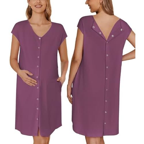 Ekouaer Labor/Delivery/Hospital Gown Nursing Nightgown Maternity Sleepwear With Pockets Postpartum Gowns with Button S-XXL