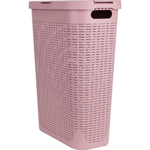 Mind Reader 40L Slim Laundry Hamper, Clothes Basket, Lid, Wicker Design, Plastic, 18"L x 10.4"W x 23.5"H, Pink