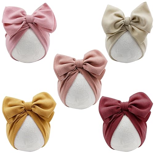 DRESHOW BQUBO 5 PCS Baby Cotton Hats Big Bow Knotted Headwrap Turban Baby Infant Beanie Baby Girl Soft Toddler Cap for Winter