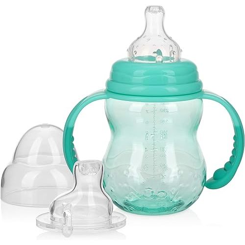 Nuby 3 in 1 Baby Bottle to Training Sippy Cup - 8 Oz Toddler Cups Spill Proof with Soft Spout, Nipple & Removeable Grip Handles - BPA Free & Dishwasher Safe (Teal)