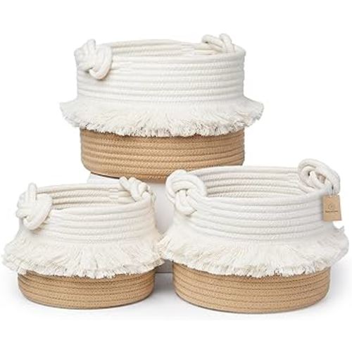 NaturalCozy 3-Piece Decorative Storage Basket Set – Cotton Rope Woven Baskets for Organizing! Small Basket for Nursery Baby Stuff, Gift Basket, Montessori, Dog Toy Bin, Cat Basket, Bathroom Shelves