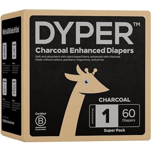 DYPER Charcoal Enhanced Diapers | Baby Diapers from Plant-Based* & Honest Materials | Day & Overnight Diapers | Disposable Diapers for Sensitive Skin | Viscose from Bamboo Diapers (Size 1, 60, Count)
