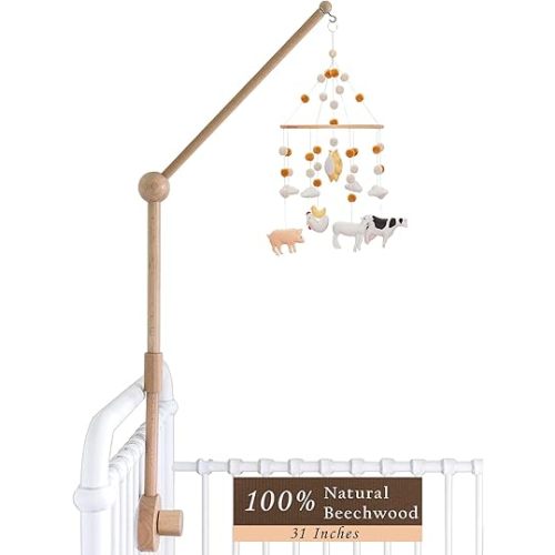 Baby Crib Mobile Arm Wooden Holder - Baby Mobile Hanger for Crib (31 inch, 100% Natural Beech Wood) Strong Anti Slip Attachment - Nursery Décor - Crib Accessories