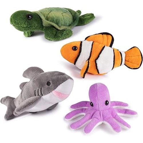 Plush Stuffed Ocean Animals Set | Sea Creatures Set of 4 | Octopus, Sea Turtle, Shark, & Clownfish | Baby Stuffed Animals
