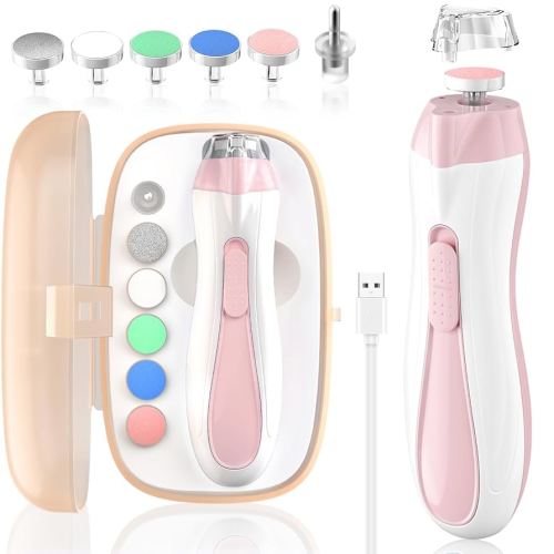 Baby Nail File Electric Baby Nail Care Set with LED Light, Baby Nail Clipper Electric for Newborn/Infants/Adults Toenails and Fingernails, 7 Grinding Head Replacement Pads, Pink