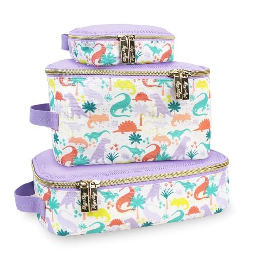 Itzy Ritzy Packing Cubes For Travel – Set of 3 Packing Cubes or Travel Organizers; Each Travel Cube Features a Mesh Top, Double Zippers and a Fabric Handle (Purple Dinosaurs)