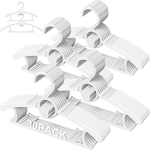 30 Pack Kids Hangers for Nursery Closet, Adjustable Non-Slip Toddler Baby Hangers with Windproof Buckle, 11-14" Infant Child Plastic Clothes Pant Hanger for Boys Girls Newborn Adult, White