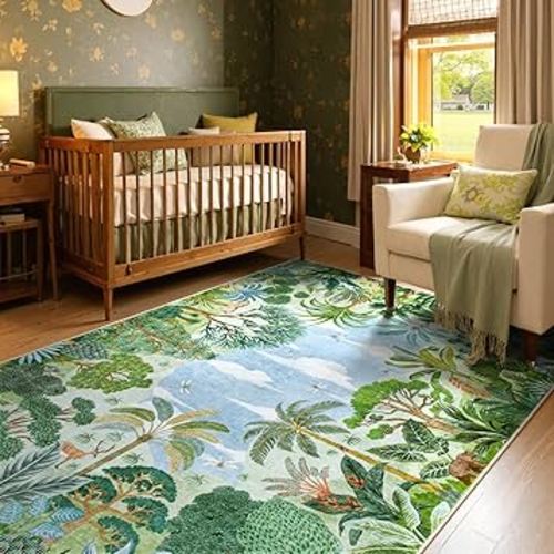 Lahome Summer Jungle Rug, Washable Rugs 5x7 for Bedroom, Green Forest Soft Carpet for Living Room, Summer Season Non Slip Non Shedding Dining Room Carpet for Under Table Classroom Entryway