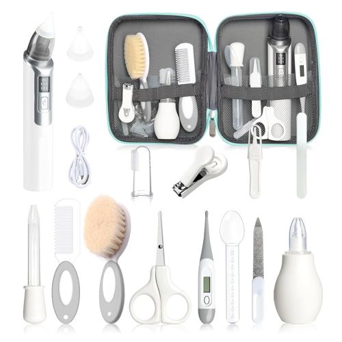 Baby Grooming Kit, Infant Safety Care Set with Baby Nose Aspirator，Baby Hair Brush Comb Nail Clipper Nasal Aspirator,Baby Essentials Kit for Newborn Girls Boys (17 Pc Grey White Kit)