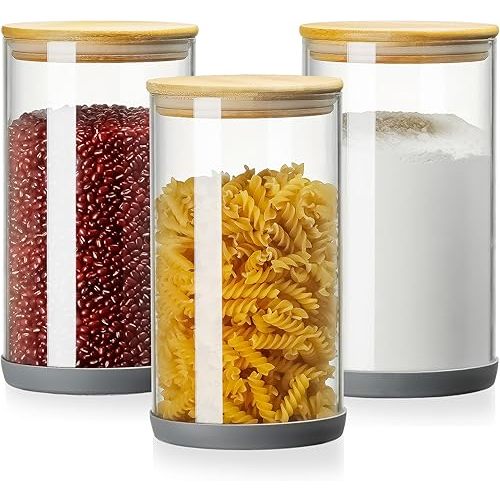 Glass Jars with Bamboo Lids 3 Pack,Anti-slip Silicone Rubber Bottom, 68 OZ Glass Canisters with Airtight Lids, BPA-Free Thicker Glass,Flour Sugar Storage containers Glass Canisters with Airtight Lids
