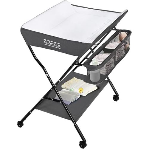Kinder King Portable Baby Changing Table w/Wheels, Adjustable Height Folding Infant Diaper Station, Mobile Newborn Nursery Organizer, Large Storage Rack, Grey