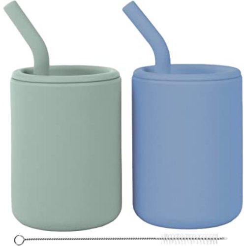 WeeSprout Silicone Baby Cups With Straws and Lids, 4 & 8 oz Options, Set of 2, Food Grade Toddler Training Container, Built In Straw Stoppers, Measurement Markings, Dishwasher Safe + Straw Cleaner