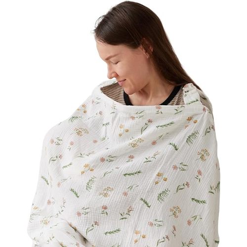 TILLYOU Muslin Nursing Cover for Baby Breastfeeding, 100% Cotton Breathable with Arch Neckline for Women, Daisy