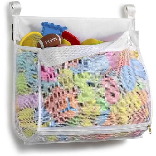 TENRAI Clever Zippered Mesh Bath Toy Organizer, Multiple Ways to Hang, Extra Large Opening Bathroom Toy Holder, Large Capacity Multi Use Bathtub Toy Storage Bag(1 Large, White)