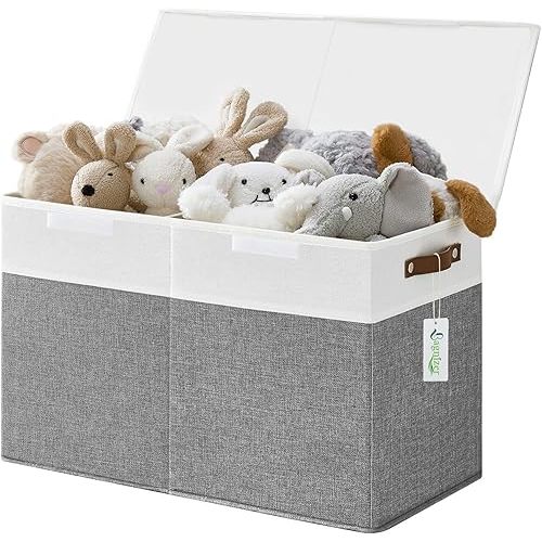 Large Toy Storage Box with Lids, Collapsible Sturdy Baby Storage Organizer Chest Bin Basket for Kids, Boys, Girls, Playroom, Nursery, Bedroom, Closet 25"x13"x16" (Gray and White)