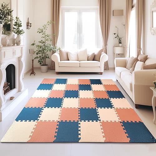 TCBunny Kids Soft EVA Foam Jigsaw Puzzle Play Mat, 18 Interlocking Tiles and Edges Baby Play Mat, for Kids Gym, Nursery, Playroom, Pet Mat, Total Floor Coverage 16 Sq Ft, Blue/Pink/Cream