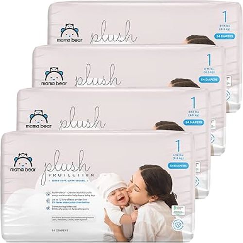 Amazon Brand - Mama Bear Plush Protection Diapers - Size 1, One Month Supply, Hypoallergenic Premium Disposable Baby Diapers, 216 Count (Pack of 4), White and Cloud Dreams