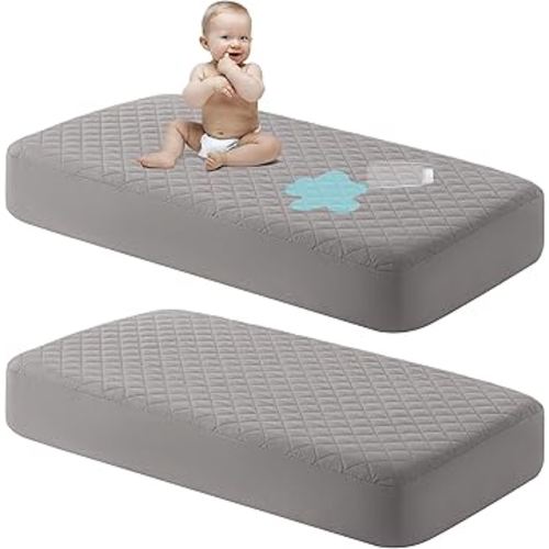 NTBAY 2 Pack Waterproof Crib Mattress Protector, Quilted 28"x52" Toddler Fitted Sheet - Machine Washable - Soft and Breathable Mattress Pad Cover for Crib, Nursery, Daycare, Cot, Smoke Grey