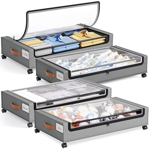 Yecaye 4 Pack Under Bed Storage with Wheels, Under Bed Storage Containers with Lids, Large Under Bed Rolling Storage with Clear Window & Label, Rolling Drawers for Clothes, Blankets, Books