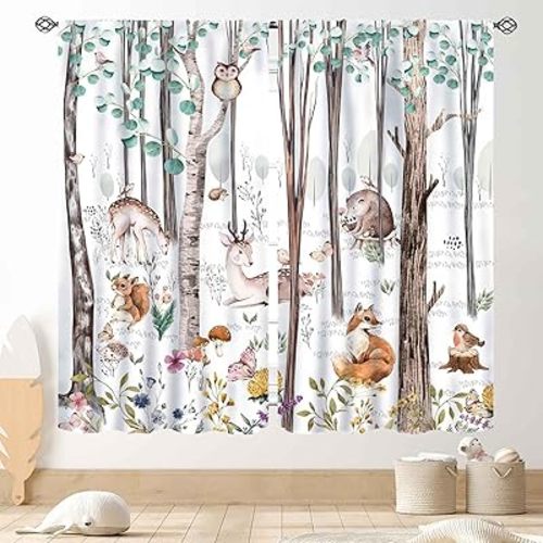 Woodland Curtains for Kids Room Nursery, Rustic Woodland Wild Animals Watercolor Forest Bear Deer Fox Country Blackout Window Draeps for Baby Girls Boys Bedroom Living Room 2 Panels Set, 42"x45" Inch