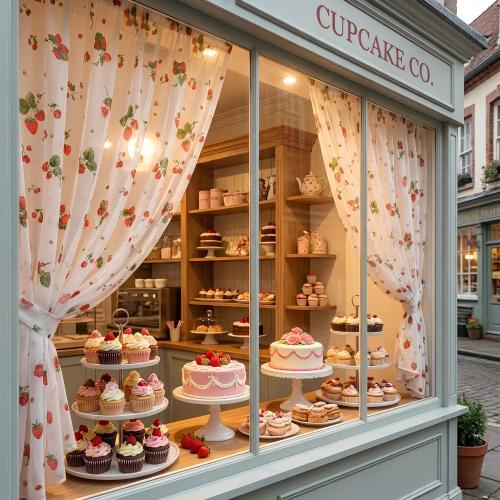 Extra Wide Strawberry & Cherry Patterned Sheer Curtain – Café or Long – Max Length 112 inch” 285 cm