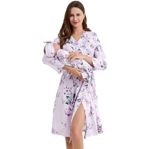 Galabloomer Flower Maternity Robe and Baby Receiving Blanket, Matching Mommy Labor Delivery Robe and Swaddle Set