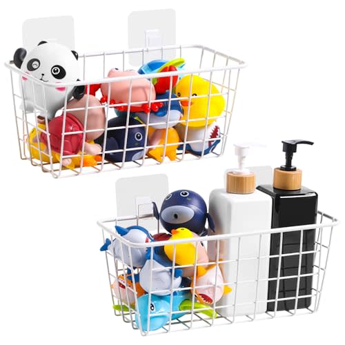 VEGEVIGI Metal Bath Toy Holder, Hanging Bathtub Toy Storage, Wall Mounted Bath Tub Baby Toys Organizer, Iron Shower Caddy For Bathroom, White, 2 Pack