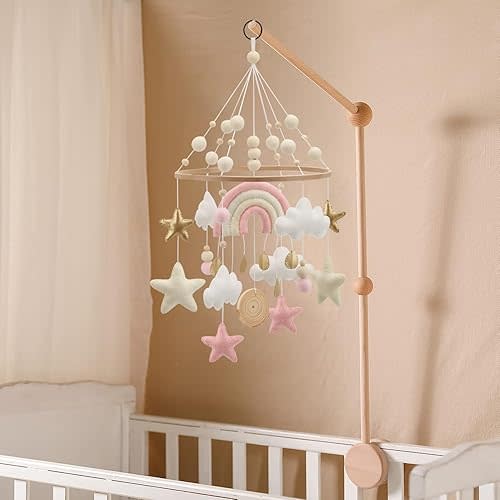 Rainbow Mobile for Crib - A Pink and White Boho Rainbow Crib Mobile with Gold Detail