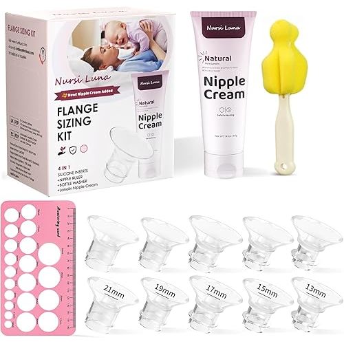 Flange Sizing Kit with Flange Inserts 10PCS, Lanolin Nipple Cream, Nipple Ruler, Silicone Breast Pump Flange Insert 13/15/17/19/21mm for 24mm Most Pumps, Pumping Breastfeeding Essentials Kit for Moms