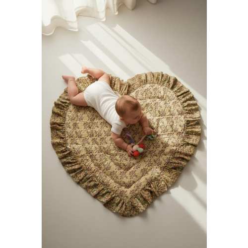 Heart Shaped Baby Play Mat, Vintage Blue Floral Ruffle, Padded Cotton